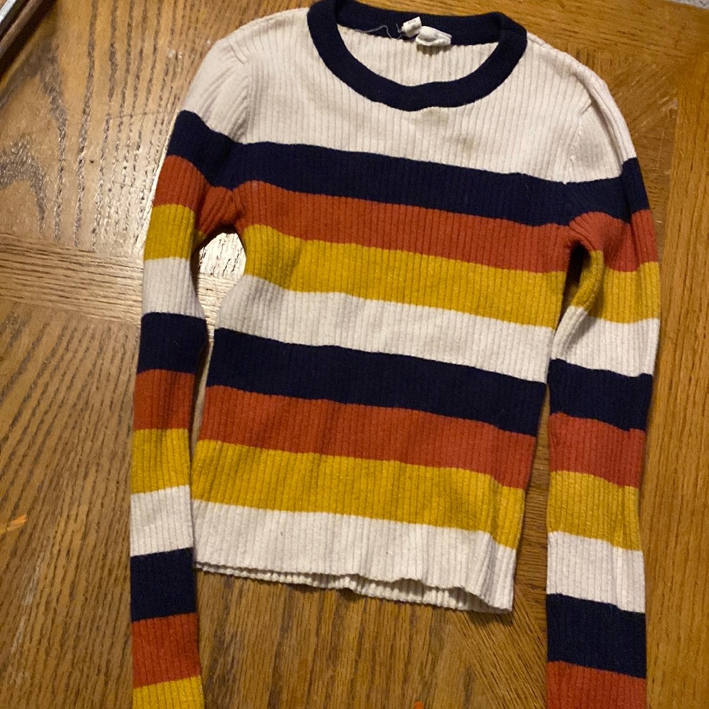 Stripped, crew neck, navy blue trim, long sleeve, shirt, sweater